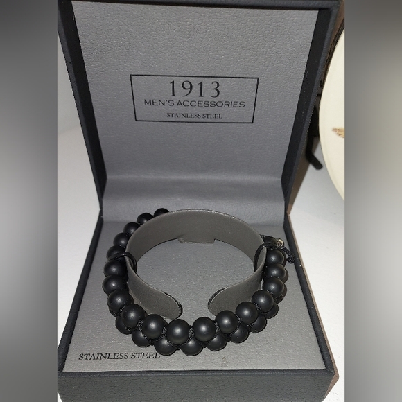 1913 Stainless Steel Men's Accessories Braided Matte Onyx Beads Bracelet NIB - Picture 4 of 5